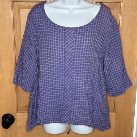 Linnea Artsy Linen Blend Top S Purple Pullover Textured Ruched 3/4 Sleeves - Picture 1 of 7